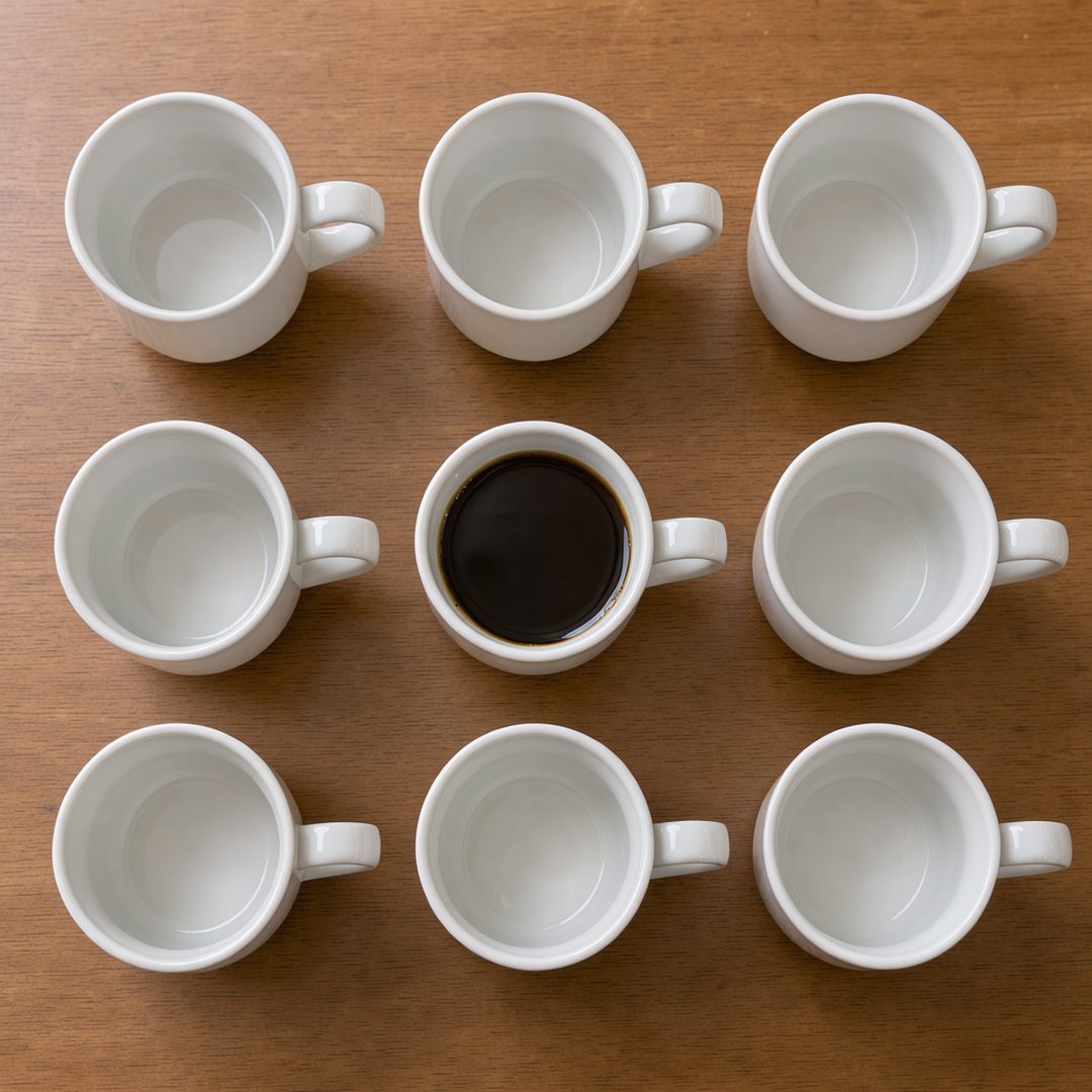 LEJ AI Image Generation Comparison, Nine mugs, one full