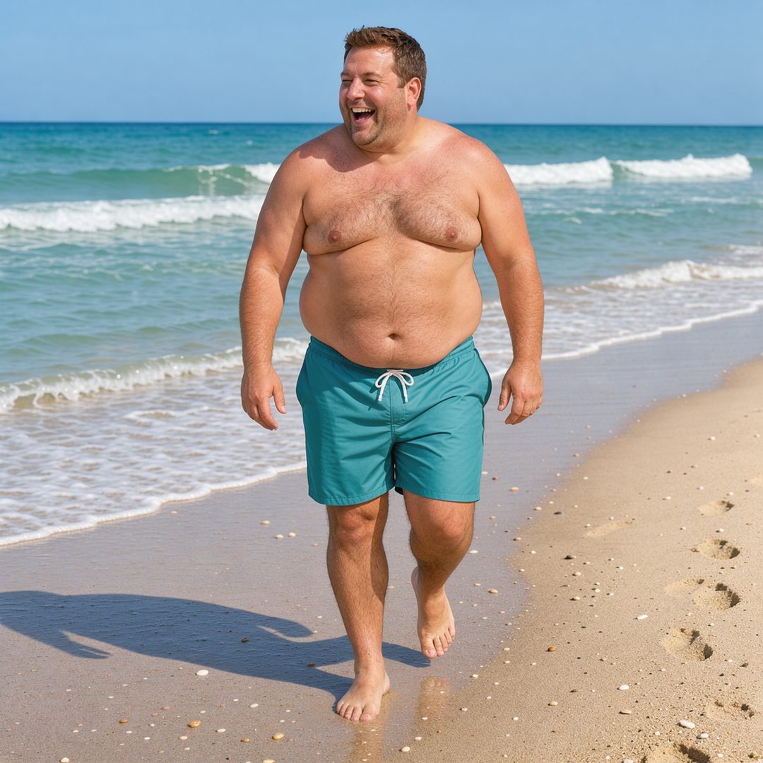 LEJ AI Image Generation Comparison, A fat man in trunks