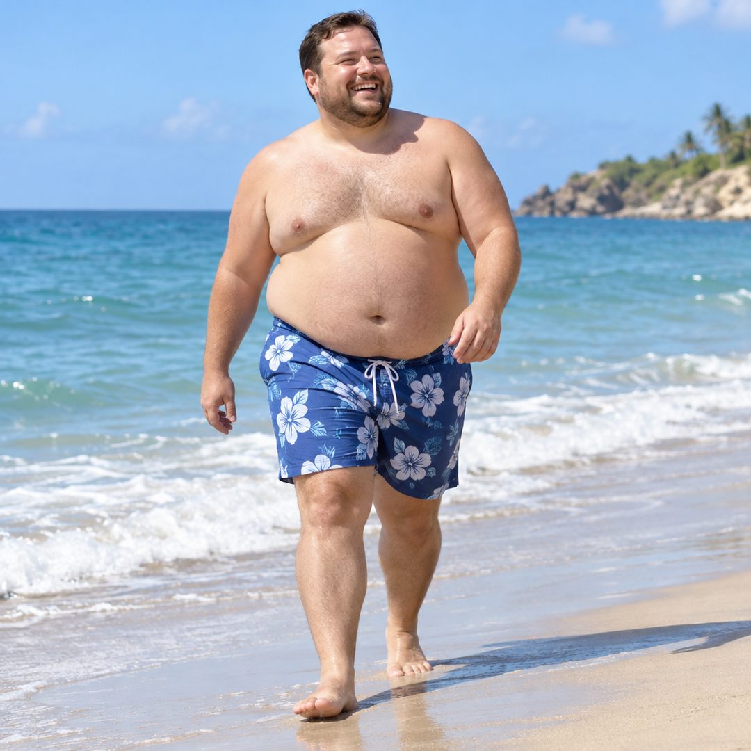 LEJ AI Image Generation Comparison, A fat man in trunks