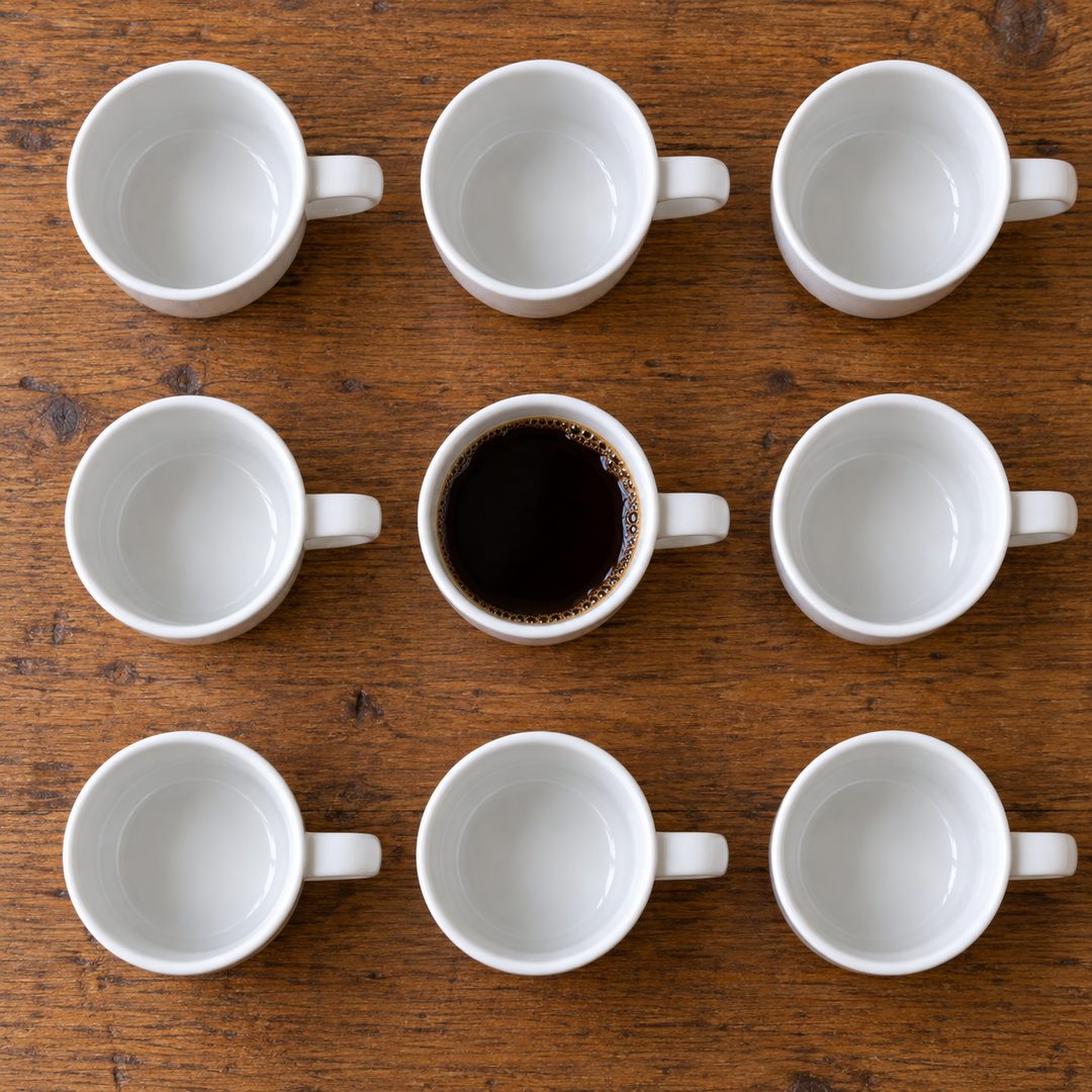 LEJ AI Image Generation Comparison, Nine mugs, one full