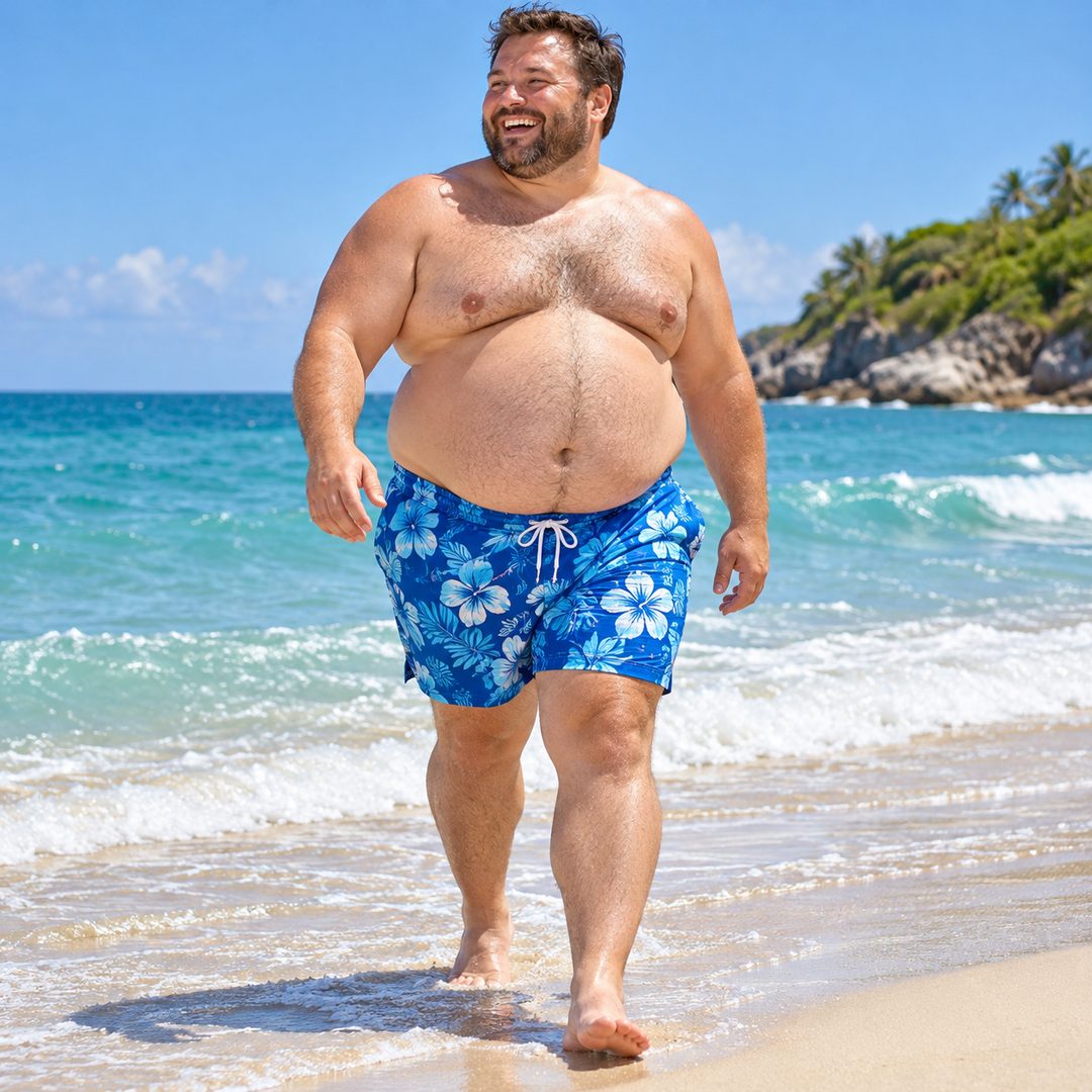 LEJ AI Image Generation Comparison, A fat man in trunks