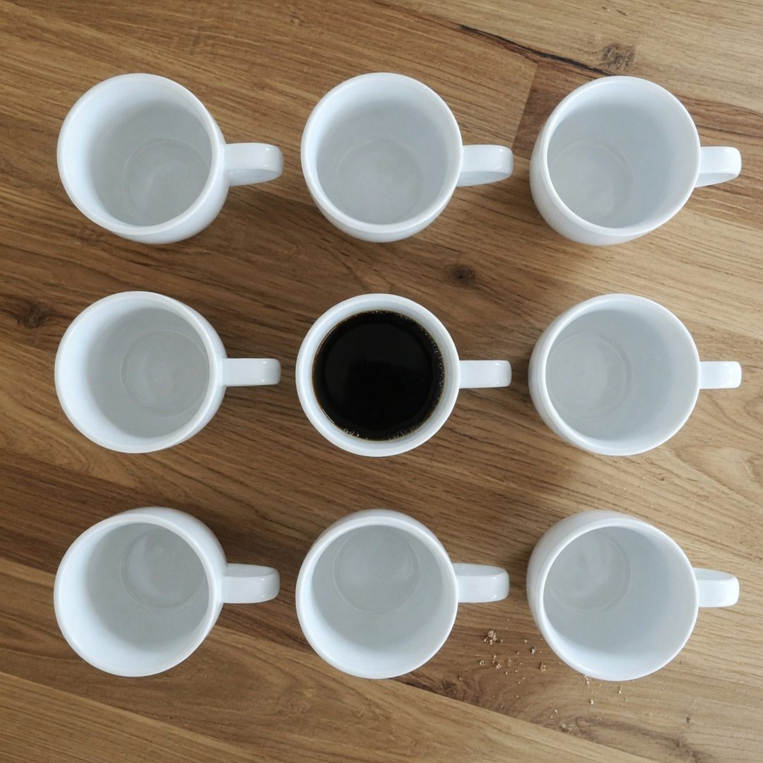 LEJ AI Image Generation Comparison, Nine mugs, one full