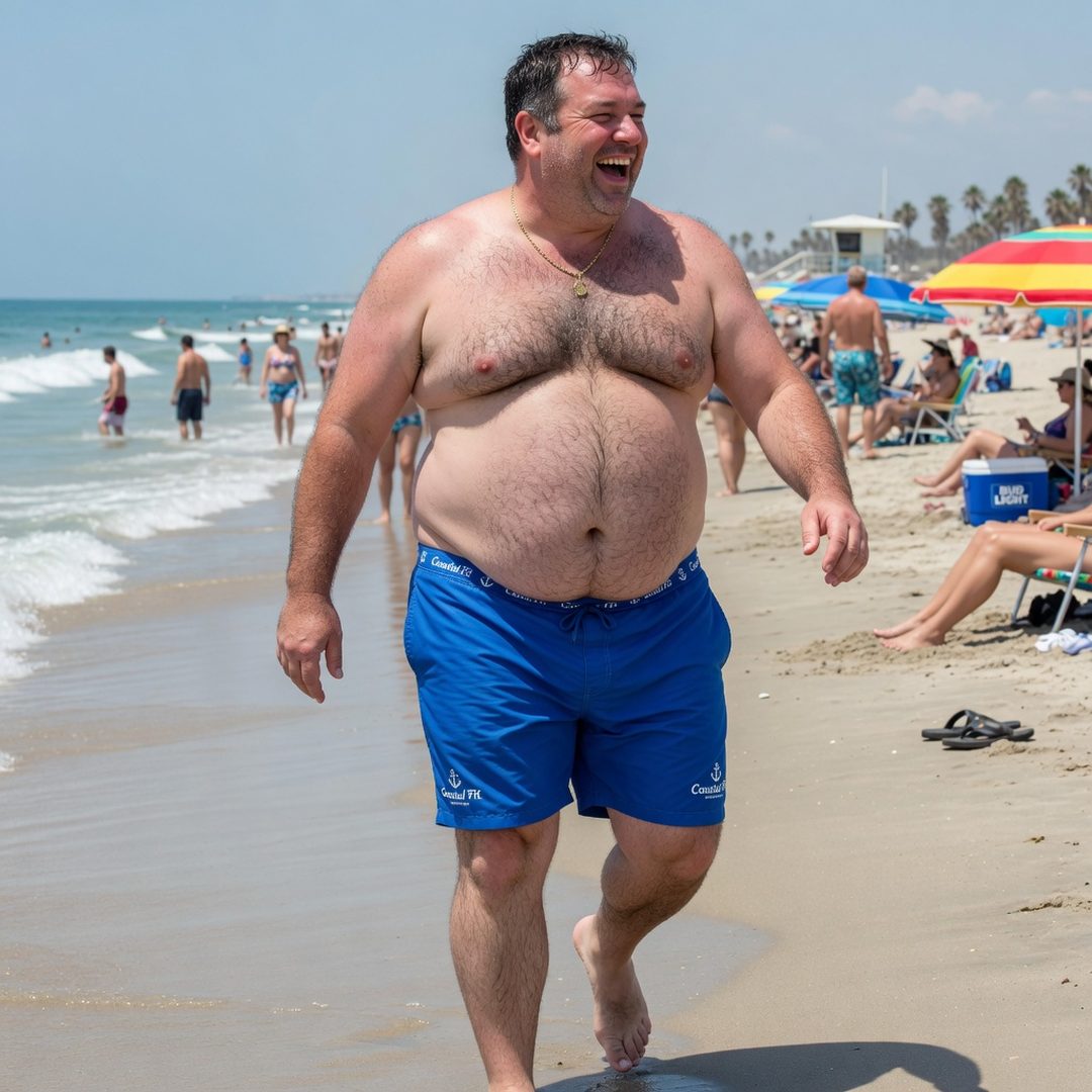 LEJ AI Image Generation Comparison, A fat man in trunks