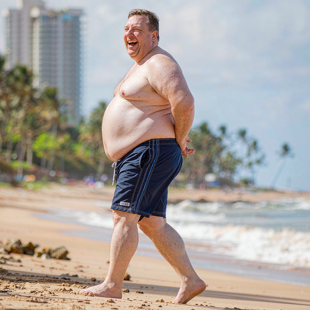 LEJ AI Image Generation Comparison, A fat man in trunks