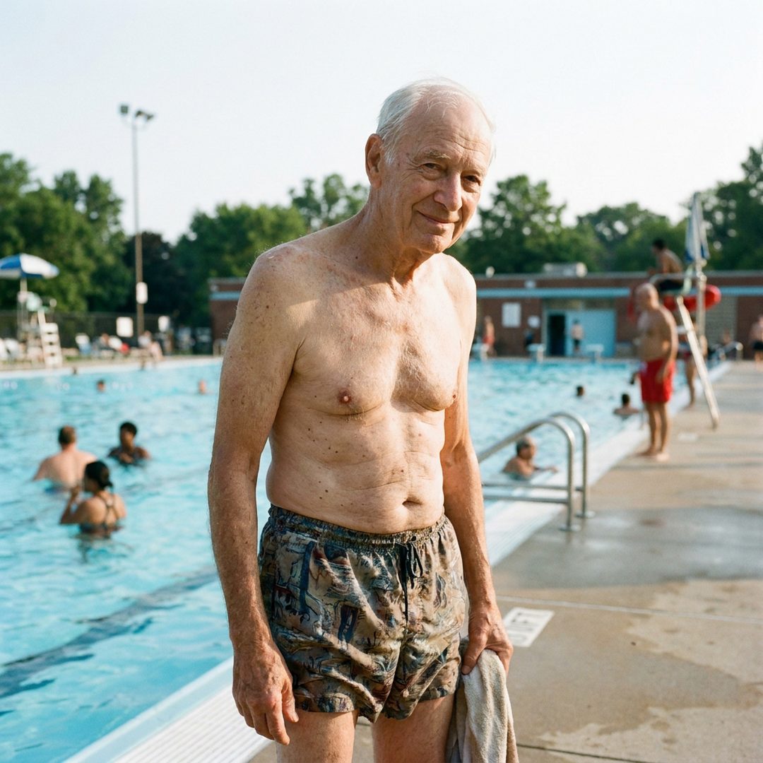 LEJ AI Image Generation Comparison, 3. An old man at the pool