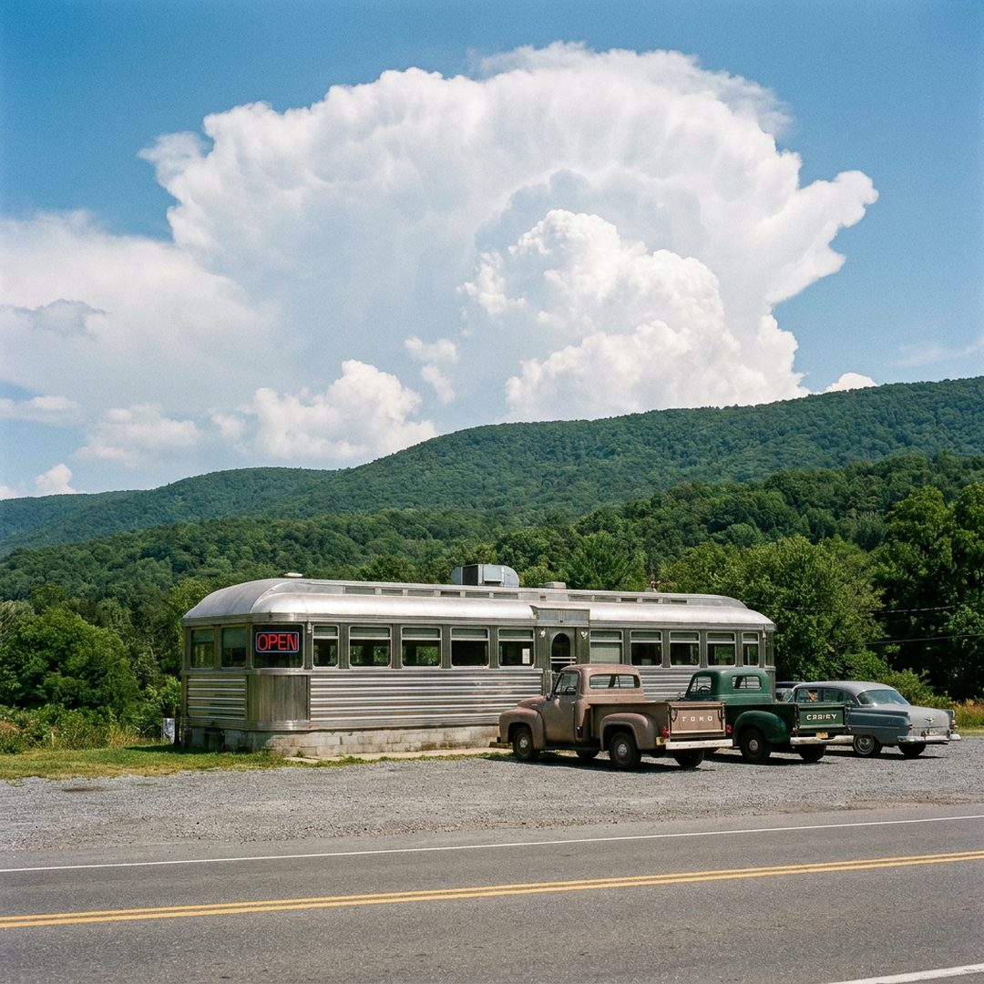 LEJ AI Image Generation Comparison, Summer: a diner on Route 11