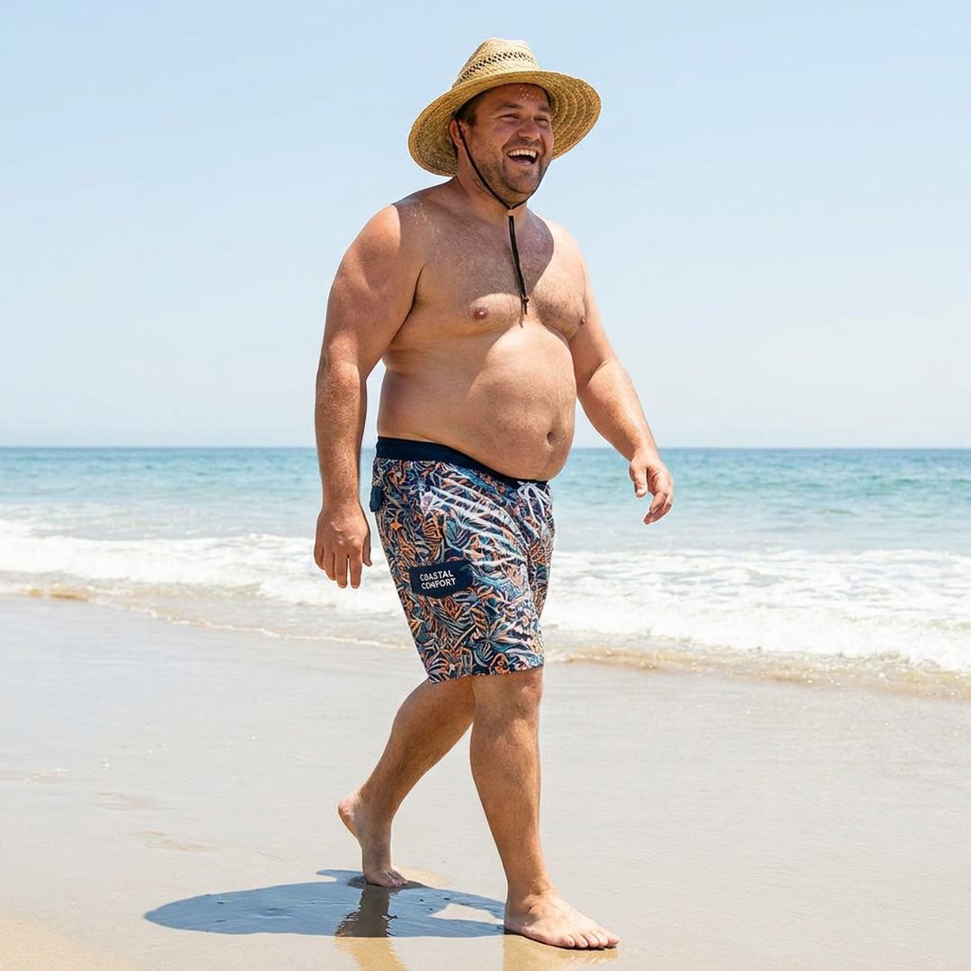 LEJ AI Image Generation Comparison, A fat man in trunks
